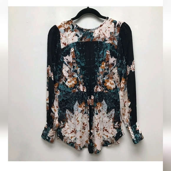 Free People Teal Floral Long Sleeve Blouse EUC - Picture 6 of 9